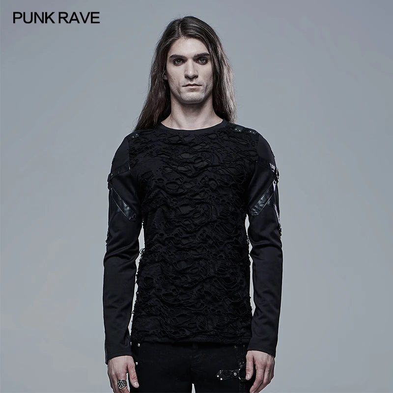 PUNK RAVE Men's Gothic Church Building Structure Knited Elastic Long Sleeve T-shirt Punk Personality Casual Men Black Tops