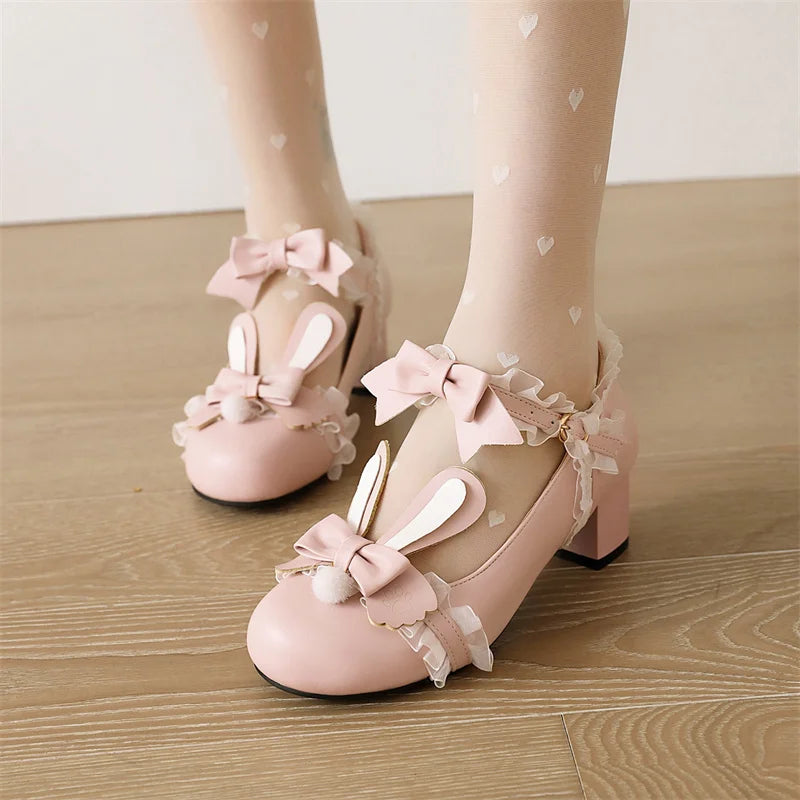 YQBTDL Drop Ship Bunny Ears Mary Janes Pumps Black Pink Block Heel Sweet Lolita Cosplay Shoes Rosette Ruffles Pompom 2022 Summer