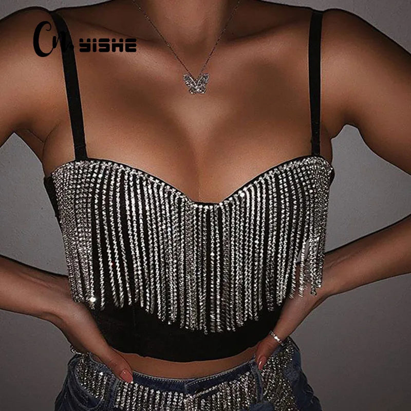 Fashion Sexy Clubwear Diamond Tassel Crop Tops: Sleeveless T-Shirts, Sexy Slim Lady Bralette Tops with Strap, Skinny Female Tee by CNYISHE