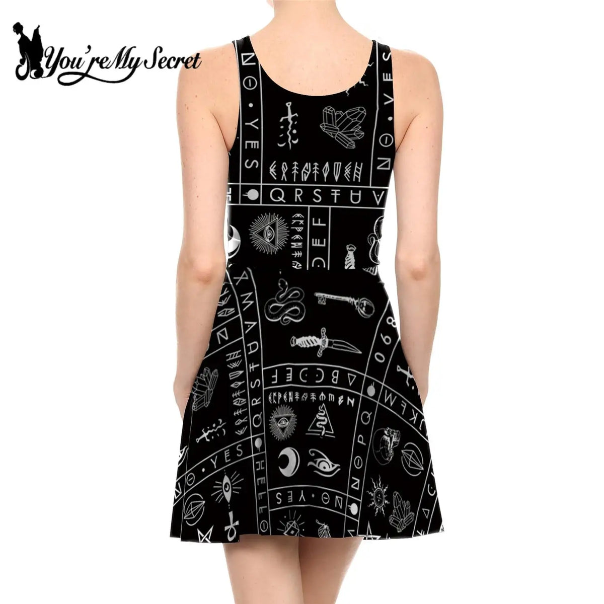 [You're My Secret] NEW Arrival Gothic Dresses Ouija Board Black Dress Witchy Pattern Knee-Length Pleated Woman Clothing Summer