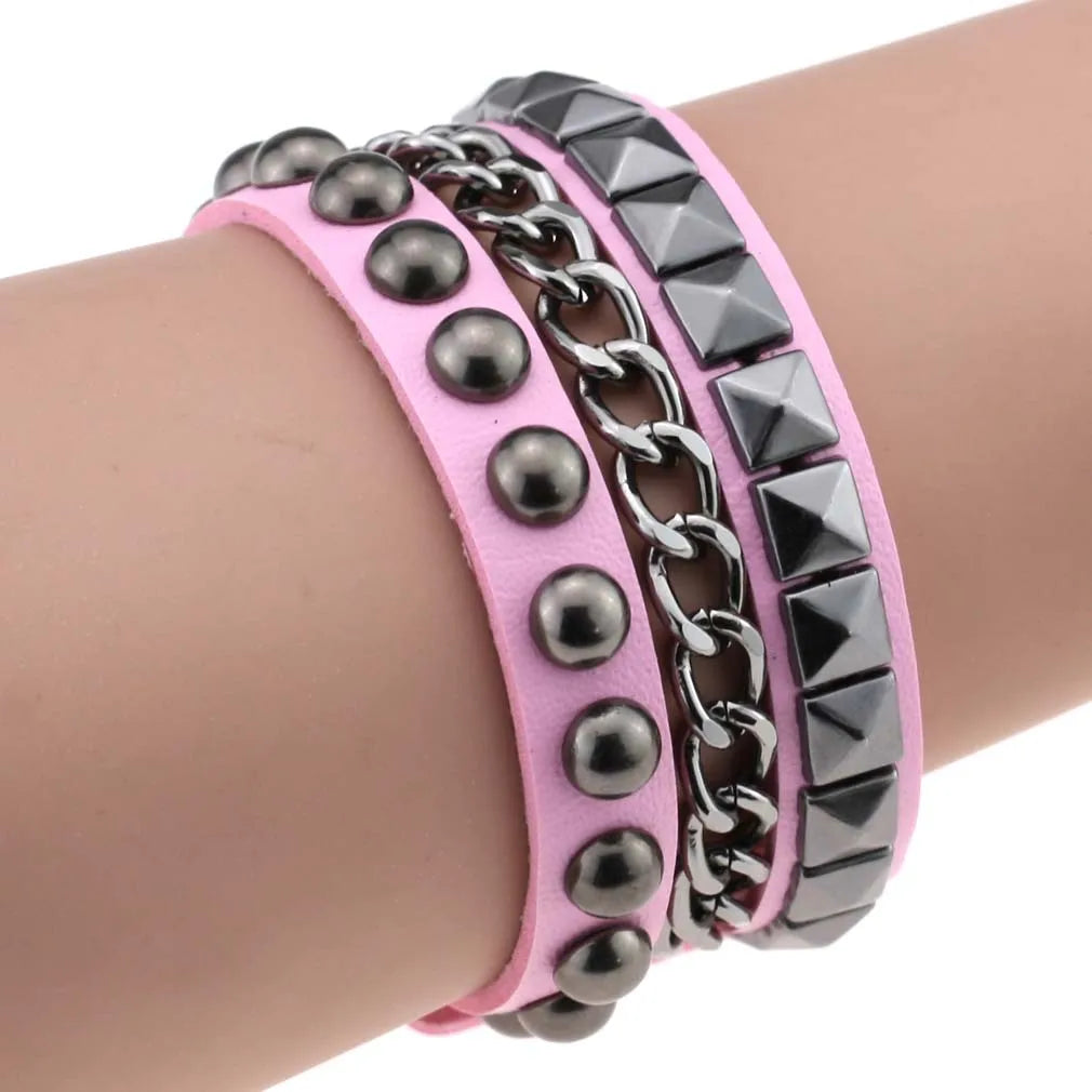 Layered Leather Studded Punk Band Rock Bangle Bracelet Fashion Costume Jewelry Emo Goth Accessories