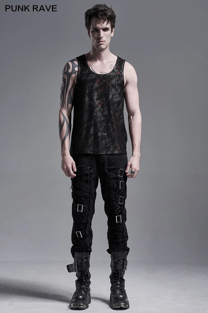 PUNK RAVE Men's Punk Slim Fit Decadent Trousers Handsome Tattered Cotton Gothic Daily Twill Woven Casual Pencil Pants Streetwear