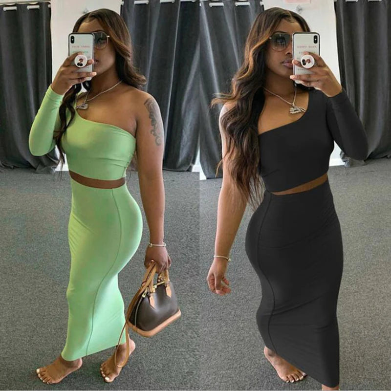 2 Piece Set – Skirt and One Shoulder Long Sleeve Crop Top, Fall Fashion Sexy Club Outfits for Women