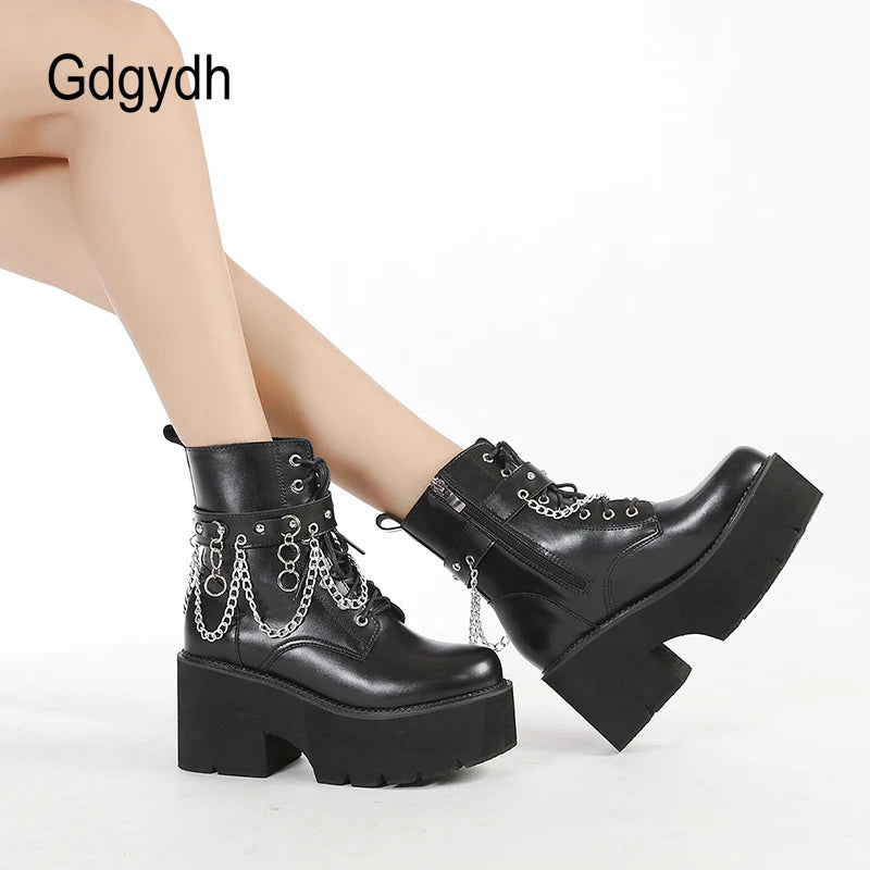 Goth Combat Boots - Women's Sexy Chain Platform Jungle Boots with Chunky Heel, Comfortable Fit | Great for Halloween Cosplay