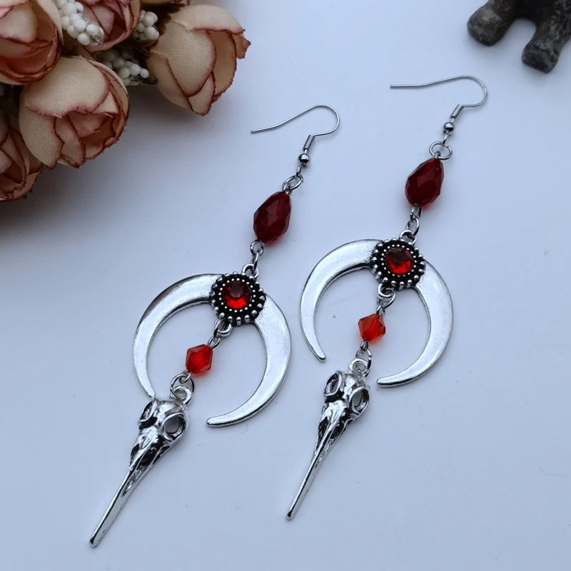 The New Crow Skull Earrings Goth Punk Style Horns Red Blood Drops Crystal Jewelry Gorgeous Fashion Ladies Gifts