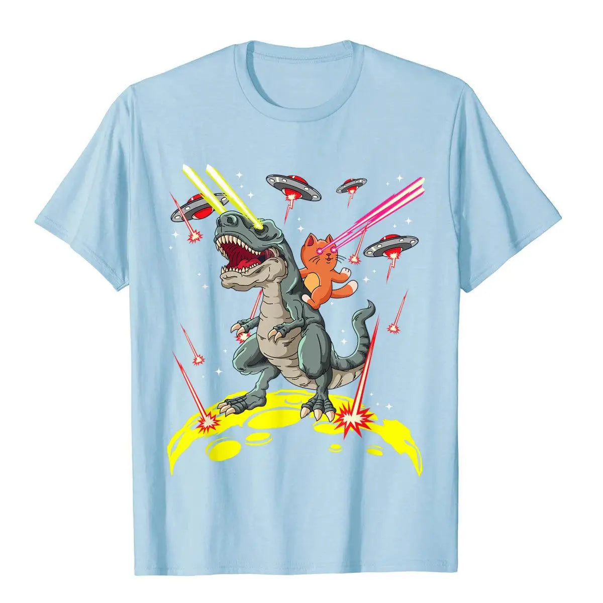 Space Cat T-Rex Laser Eyes Graphic T-Shirt - Cotton Adult Top with Funny Graphic Print Design