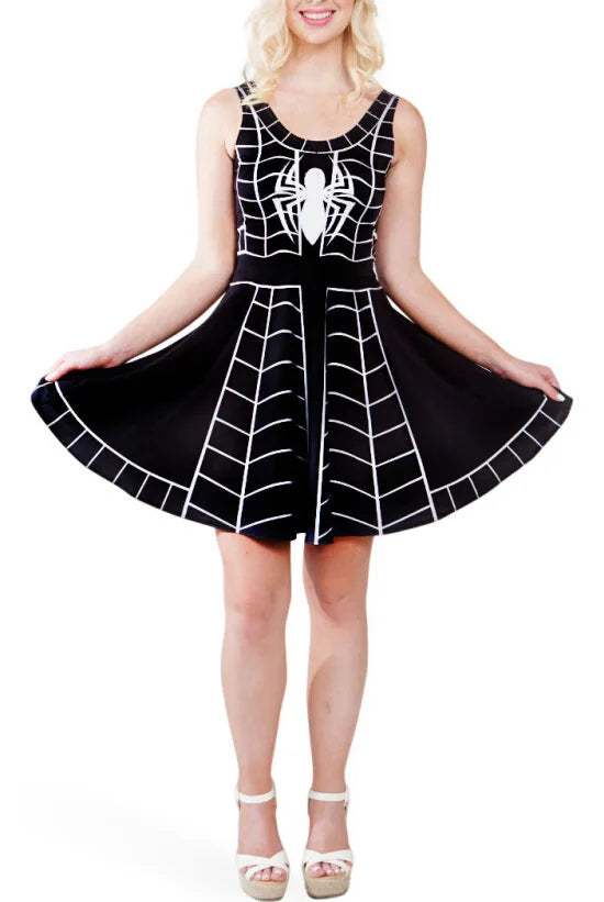 [You're My Secret] Women Black One-piece Dress Gothic Spider Abstract Fashion Clothes Summer Sexy Pleated Tank Dress Clubwear