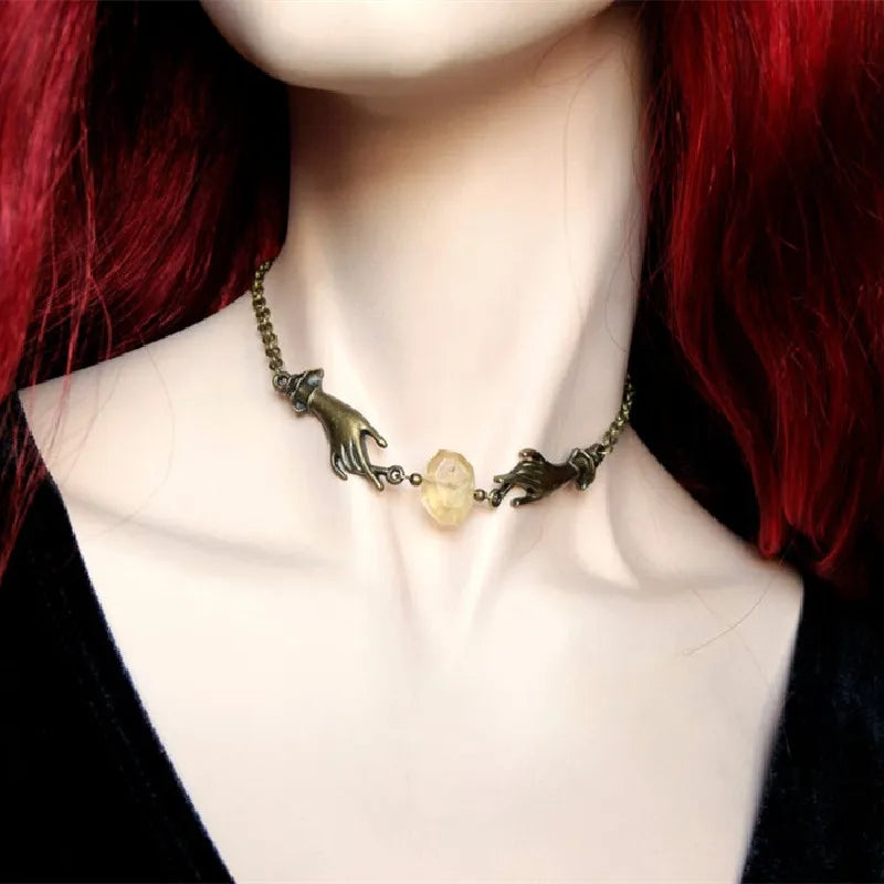 Magical Witchy Chain Choker Necklace – Bronze Hands with Yellow Citrine Stone Pendant, Fashion Statement Jewelry Gift for Women