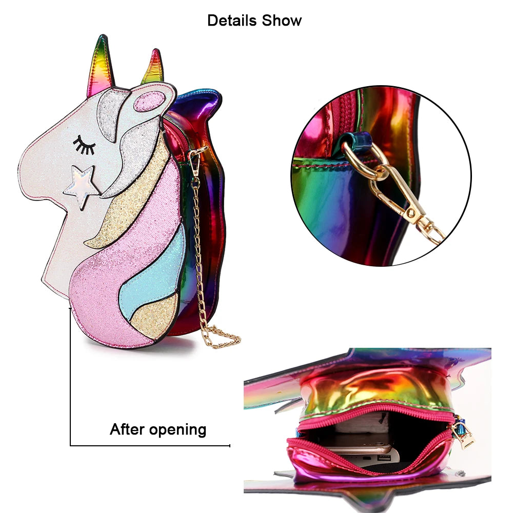 Cute Unicorn Shoulder Bag Fashion Small Chain Crossbody Bag Laser Women Purses and Handbags Cartoon Design Clutch Kawaii Pouch