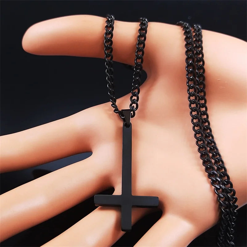 Stainless Steel Gothic Upside Down Cross Necklace Man Black Punk Inverted Cross Men Chains Goth Jewelry collar hombre N8006