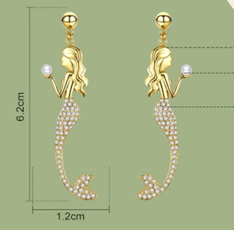 Sweet and Romantic Zircon Mermaid Long Earrings, Exquisite Fashion Jewelry