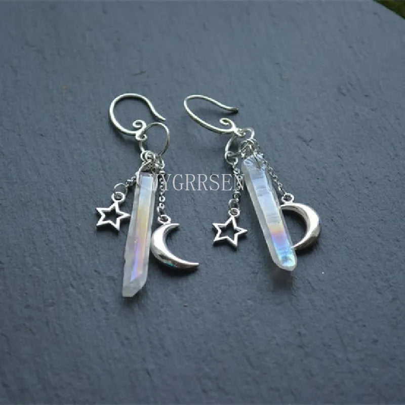 Witchy Raw Crystal Moon and Stars Earrings - Celestial Healing Quartz Bohemian Jewelry, Perfect Gift for Women