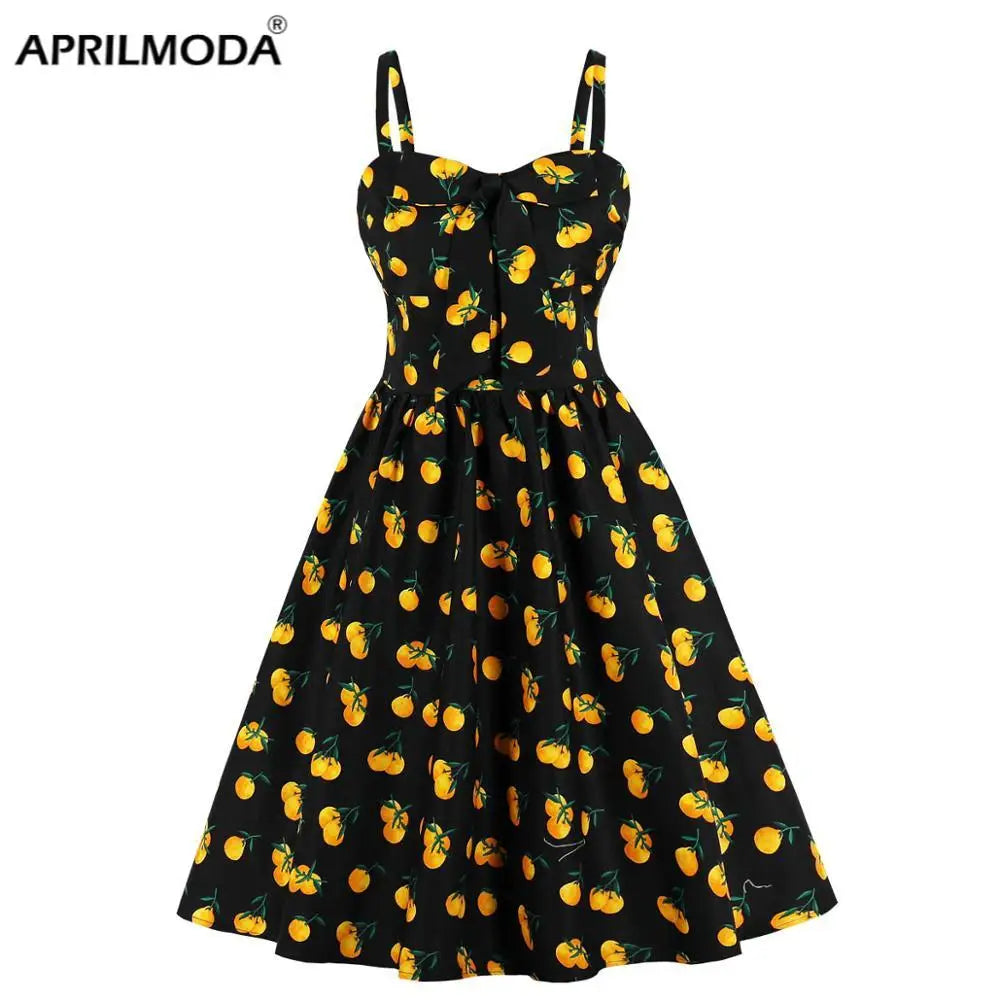 Pin Up Vintage Spaghetti Strap Dress - 50s 60s Retro Rockabilly Vestido A-Line Midi Cotton Swing Party Women's Clothing with Cherry Print