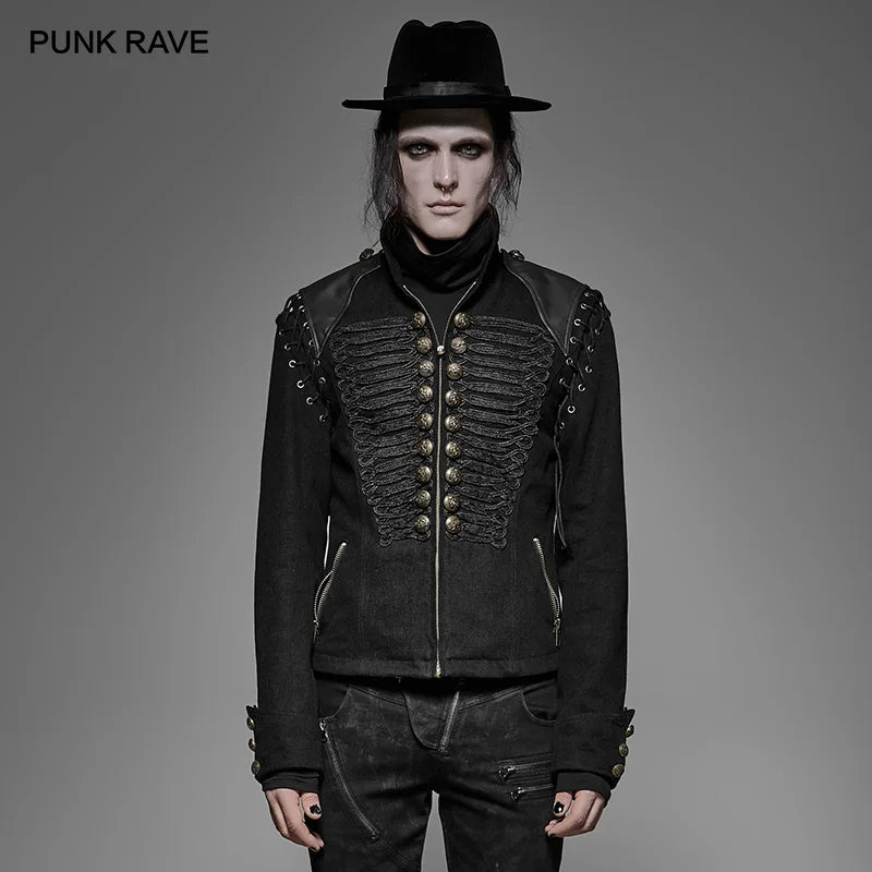 PUNK RAVE Steampunk Military Uniform Men Short Coat Black Rugged Denim Fabric Removable Sleeves  Jacket Retro Rock Clothing