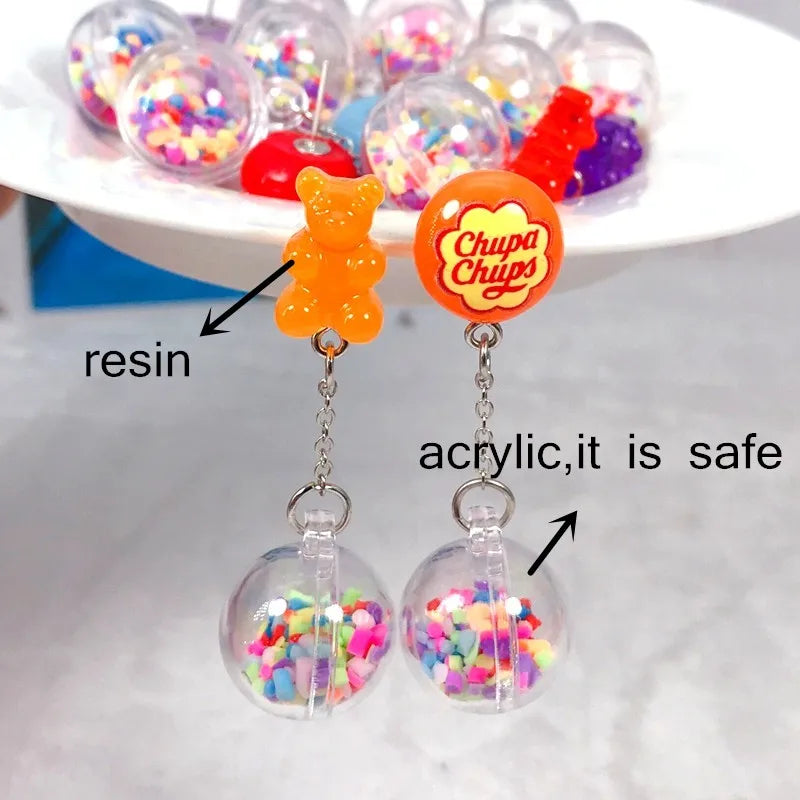 1Pair Stud Earring Multicolours Gummy Bear  Resin Candy Charms With Ball  Fashion Jewelry Gift