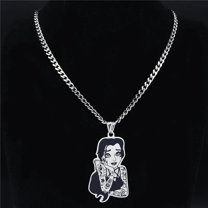 Dark Tattoo Princess Necklace – Black Stainless Steel Pendant Jewelry for Women & Men