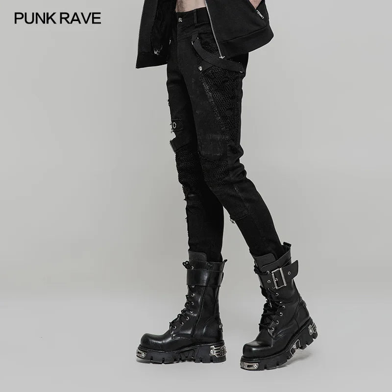 PUNK RAVE Men's Punk Personality Slim-Fitting Vintage Trousers Rock Fashion Casual Ghost Head Rivet Men Denim Pants