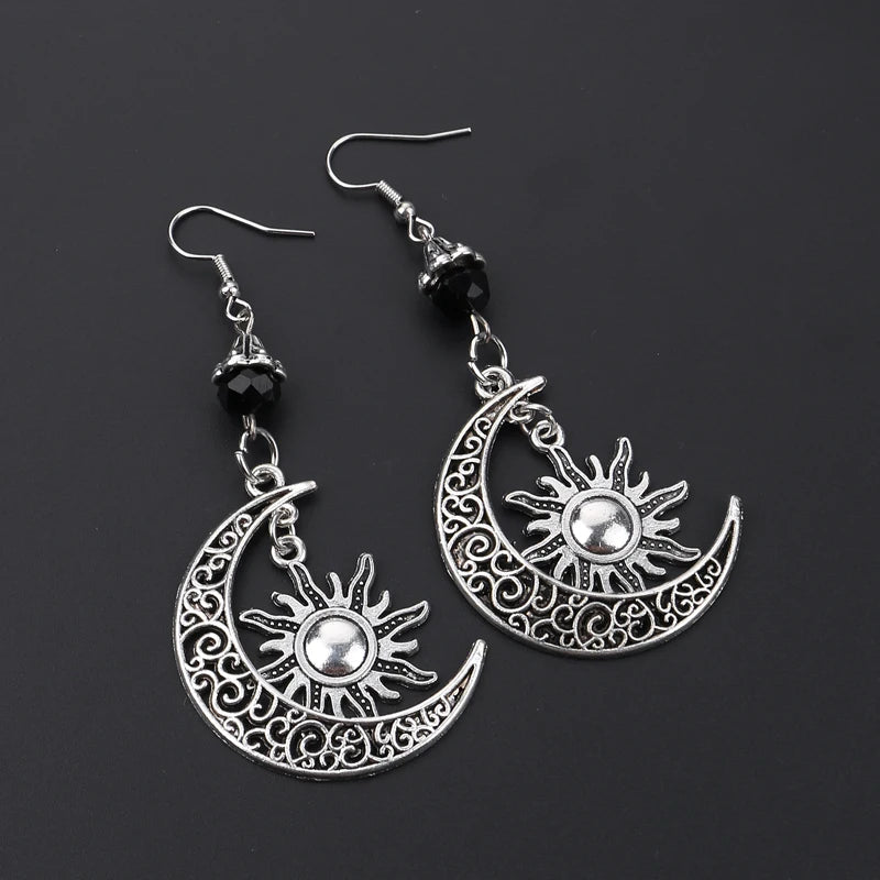 Gothic Dark Style Moon Sun Pentagram  Dangle Earrings