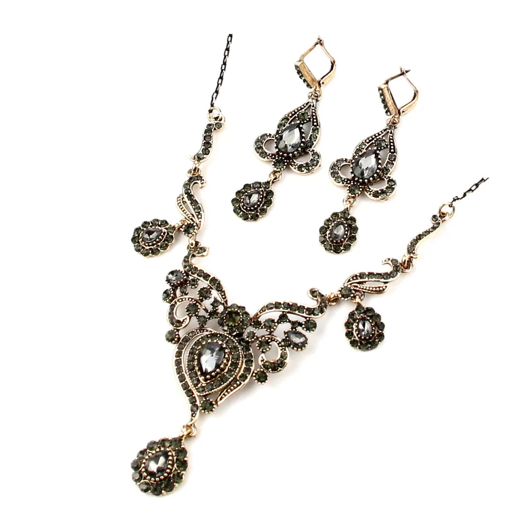 Sunspicems Retro Gold Turkish Gray Rhinestone Flower Jewelry Set | Bohemian Earring Necklace Sets for Women