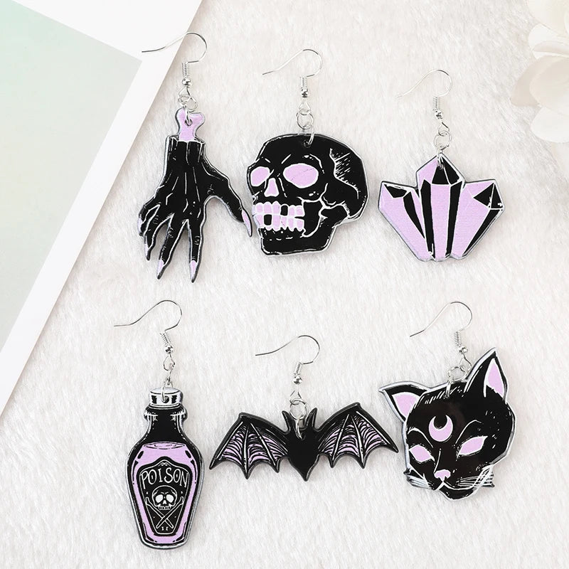 1 Pair Halloween Dangle Earrings - Black Punk Witches Crafts with Skull, Hand, Cat, Bat, and Crystal Details for Women Birthday Gift