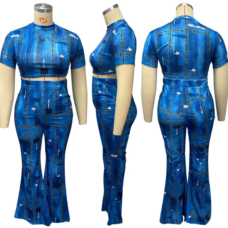 Plus Size Two Piece Set - Women's Crop Top & Flared Leggings Super Stretch Pants Set