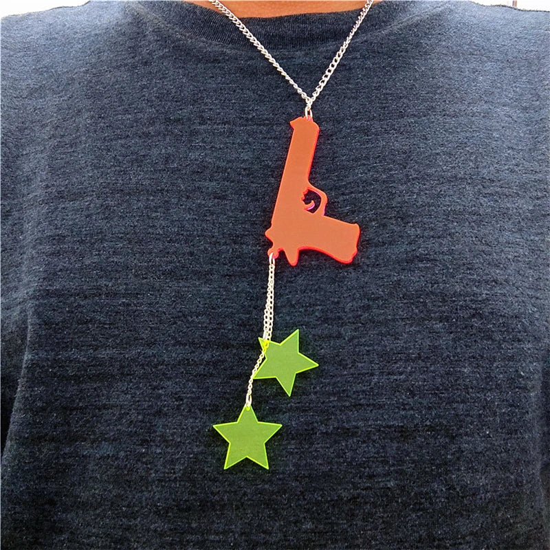 Gun and Stars Long Pendant Necklace - Silver Tassel Chain, Pink & Green Acrylic Punk Rock Jewelry for Women & Men