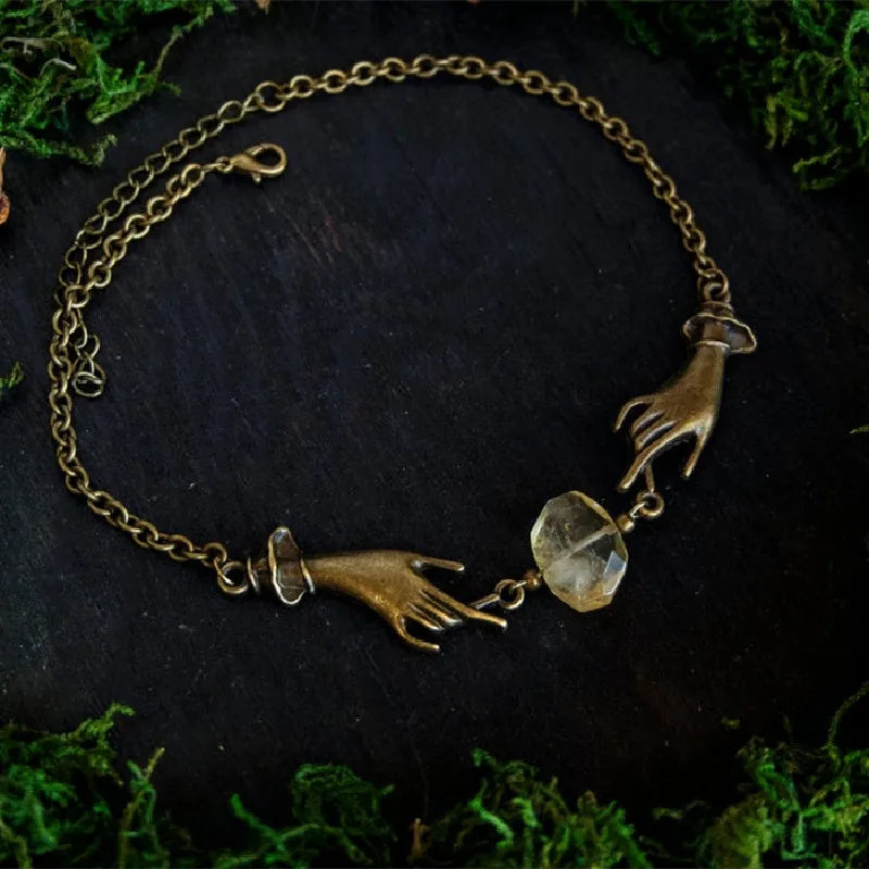 Magical Witchy Chain Choker Necklace – Bronze Hands with Yellow Citrine Stone Pendant, Fashion Statement Jewelry Gift for Women