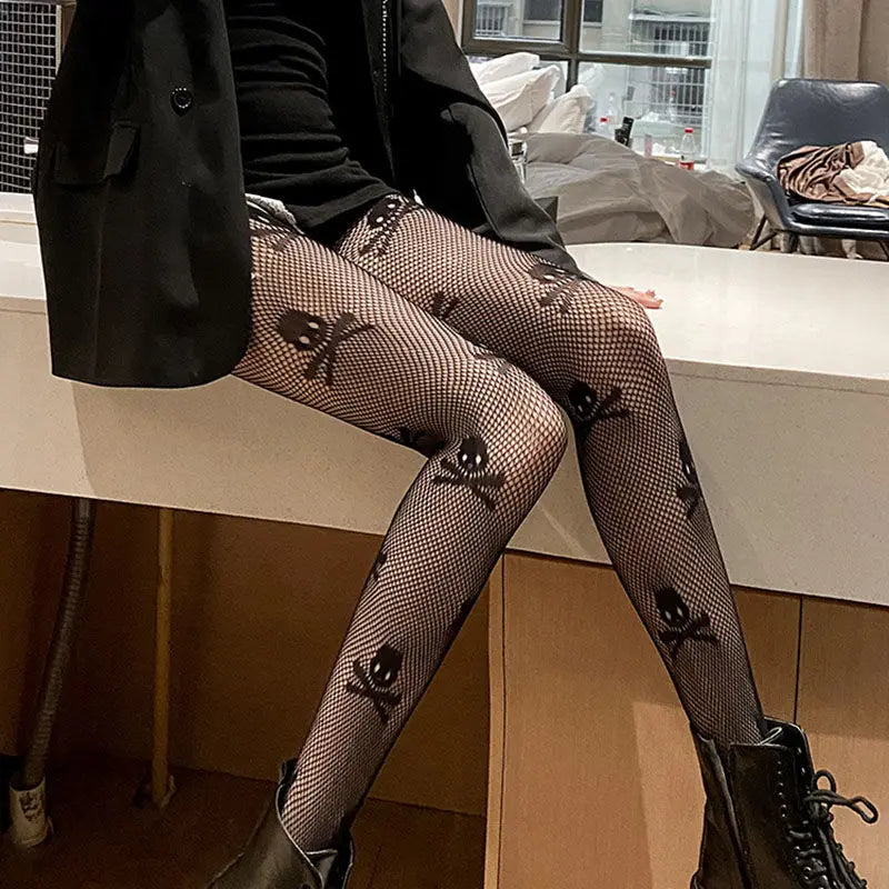 Black Fishnet Stockings - Gothic Punk Style Mesh Tights with Skull Print, Designer Fancy Dress for Party and Club