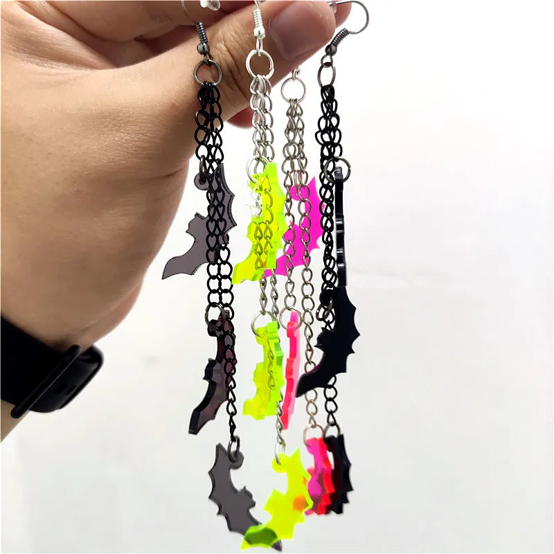 KUGUYS Gothic Long Tassel Bat Drop Earrings - Acrylic Green, Hot Pink, Clear, Black Dangle Halloween Jewelry for Women