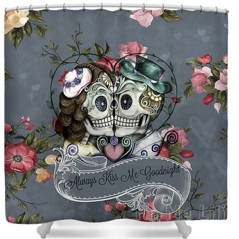 Skull Goat Demonic Black Metal Girl Shower Curtain - Rose Floral, "Always Kiss Me," Gothic Witch Aesthetic, Magic Bathroom Decor