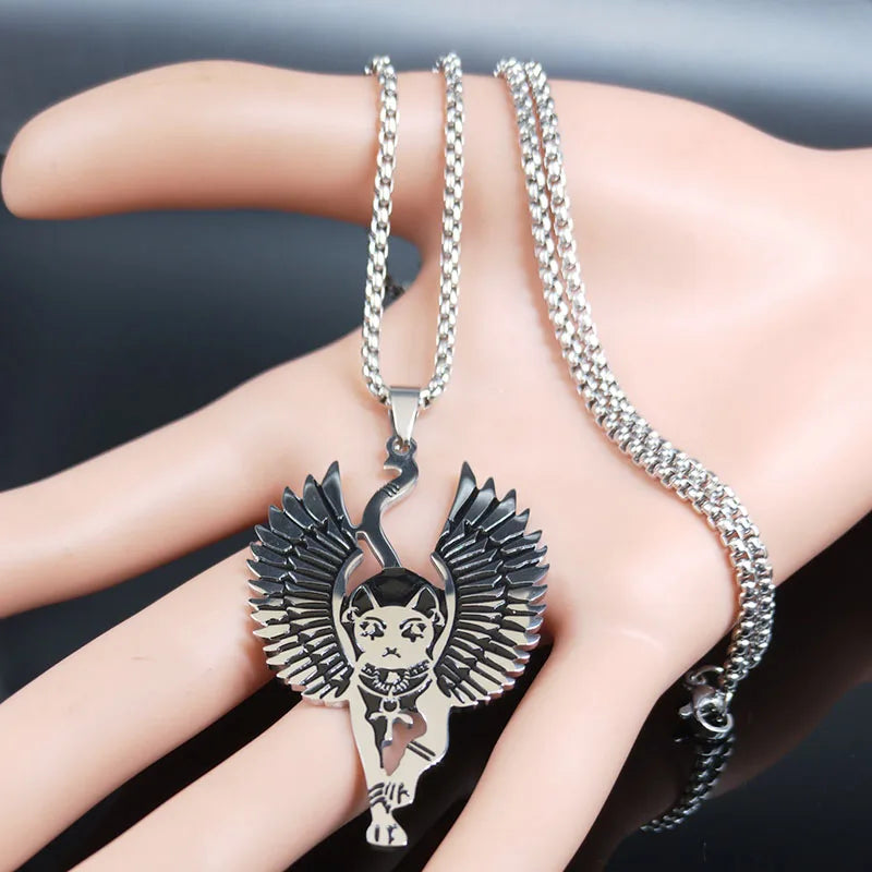 Egyptian Bastet Cat Necklace – Stainless Steel Winged Sphinx Amulet, Wiccan Talisman Jewelry