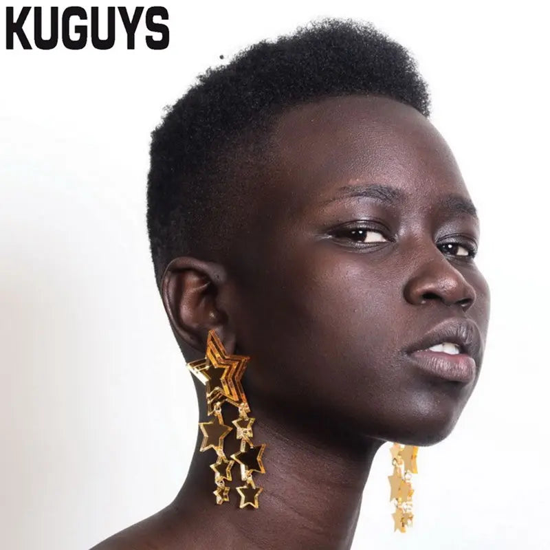 KUGUYS Golden Mirror Acrylic Star Long Drop Earrings - Trendy Fashion Accessories for Women