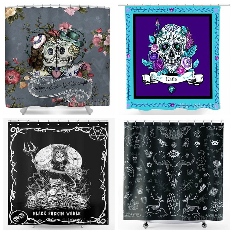 Skull Goat Demonic Black Metal Girl Shower Curtain - Rose Floral, "Always Kiss Me," Gothic Witch Aesthetic, Magic Bathroom Decor