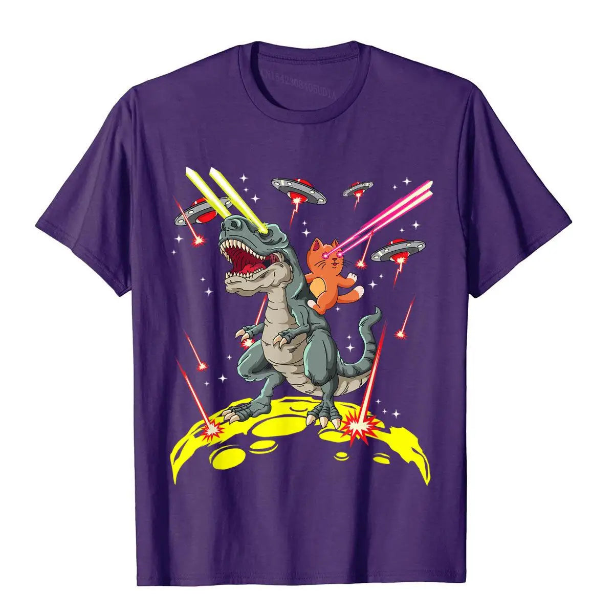 Space Cat T-Rex Laser Eyes Graphic T-Shirt - Cotton Adult Top with Funny Graphic Print Design