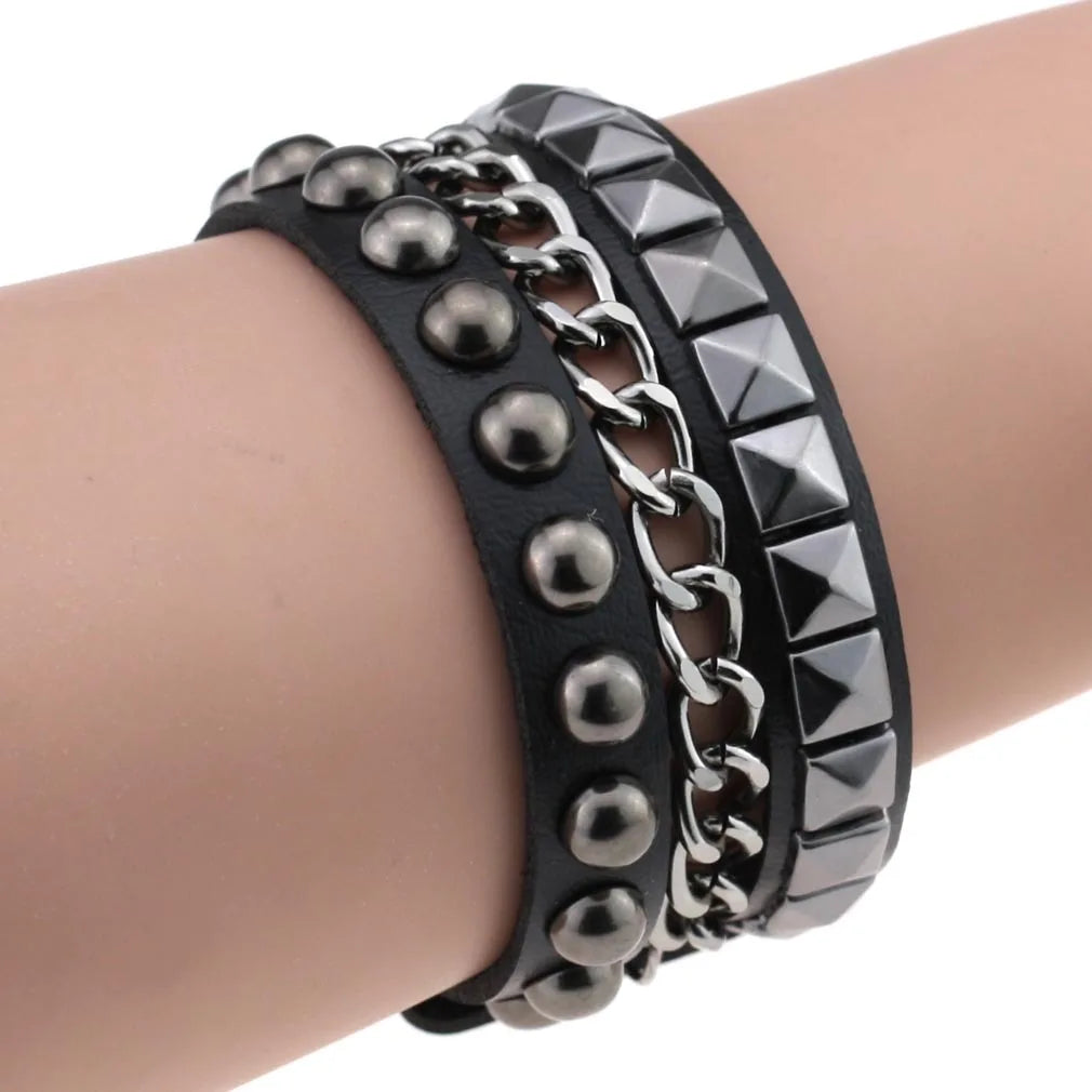 Layered Leather Studded Punk Band Rock Bangle Bracelet Fashion Costume Jewelry Emo Goth Accessories