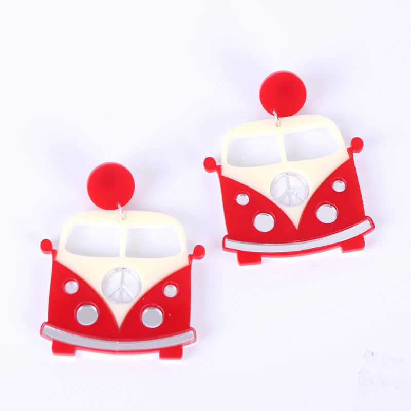 Cute Red Bus Drop Earrings for Women - Acrylic Trendy Jewelry, Interesting Music and Arts Festival Accessories by KUGUYS