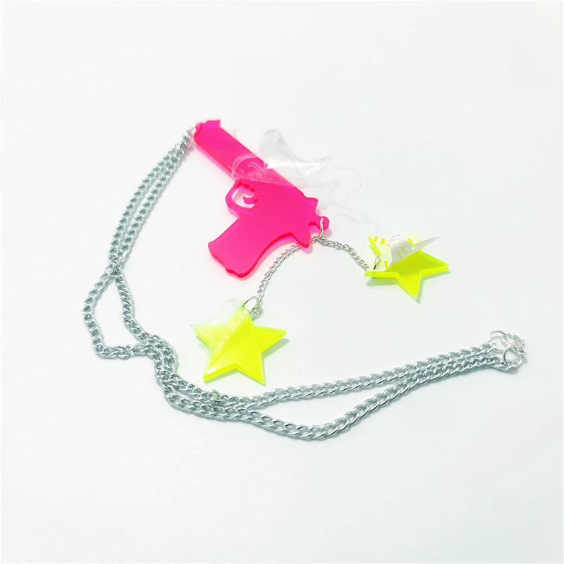 Gun and Stars Long Pendant Necklace - Silver Tassel Chain, Pink & Green Acrylic Punk Rock Jewelry for Women & Men