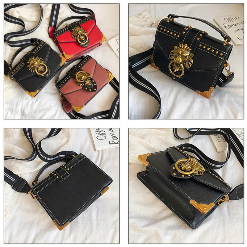 Luxury Metal Lion Head Brand Crossbody Bags: Female Fashion Handbags for Girls, Tote, Shoulder Purse, Mini Square Messenger Bag