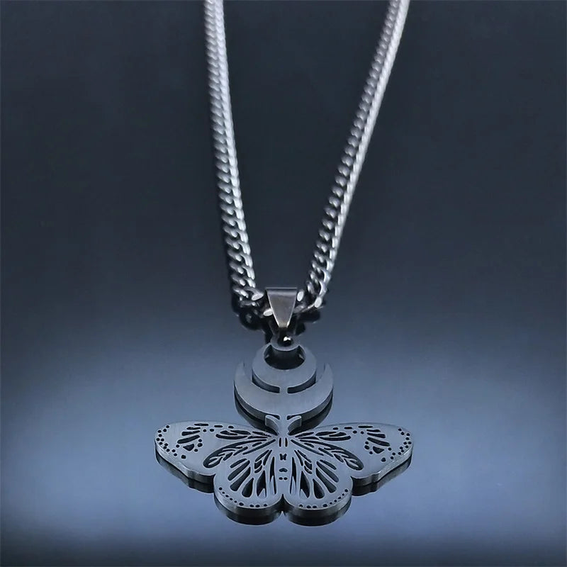 Goth Crescent Moon Butterfly Snake Stainless Steel Black Necklace