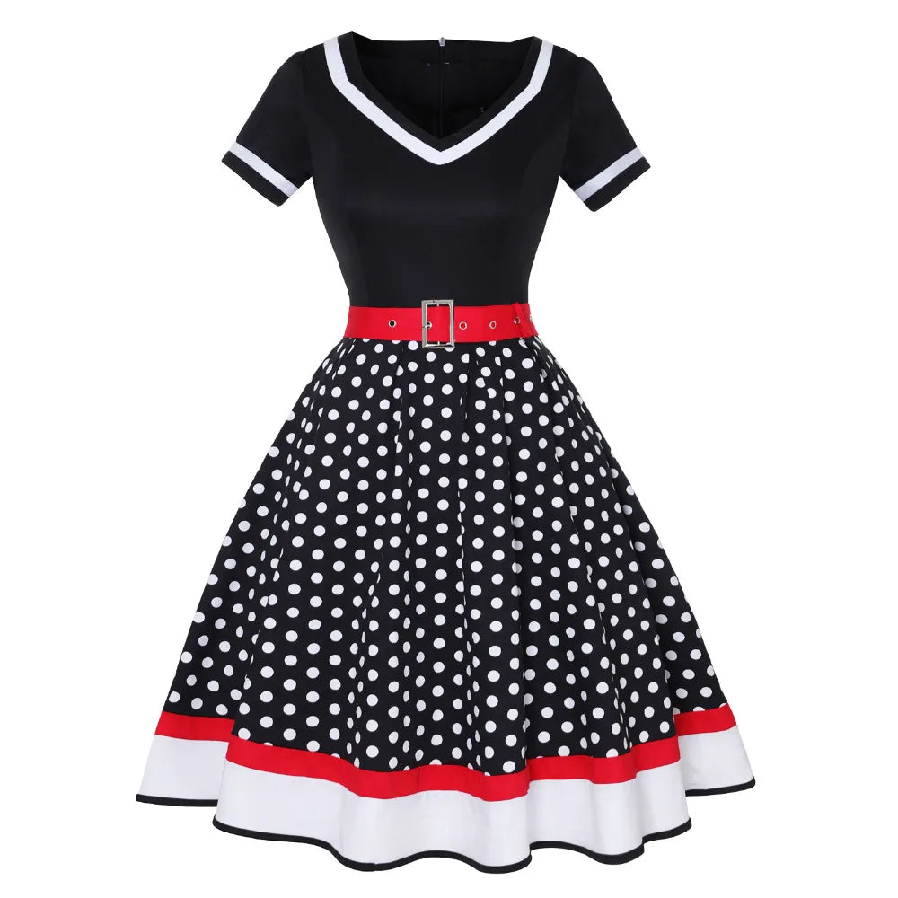 50s 60s Women's Vintage Polka Dot Party Dress with Belt - Short Sleeve Hepburn Pin Up Rockabilly Oversized Swing Dress