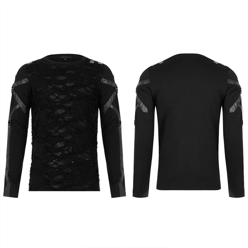 PUNK RAVE Men's Gothic Church Building Structure Knited Elastic Long Sleeve T-shirt Punk Personality Casual Men Black Tops