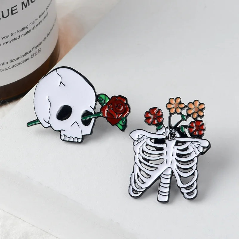 Skeleton with Flowers Enamel Pins Rib Cage and Skull with Flowers Brooch Halloween Pin Badges Goth Punk Jewelry Gift for Friends