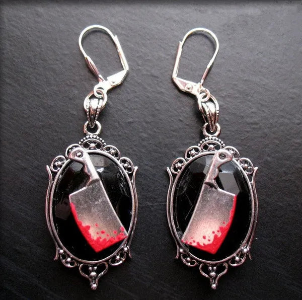 Gothic Bloody Meat Cleaver Earrings – Creepy Halloween Jewelry, Haunted Gothic Accessories