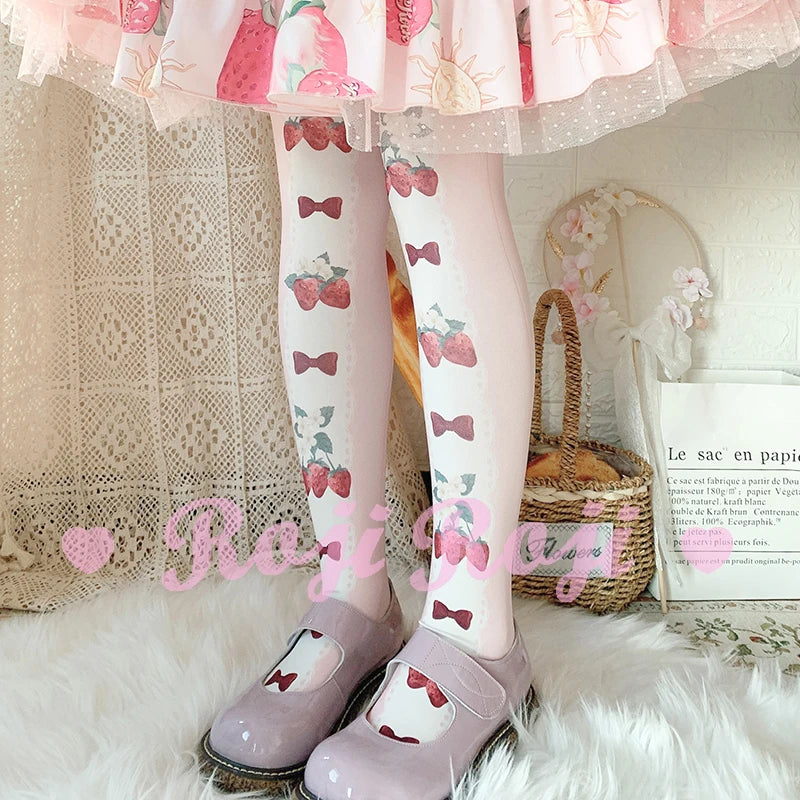 Strawberry BOWTIE Lolita Socks Women's Spring And Summer 120D Velvet Printed Patyhose Lolita Sweet Japanese-style Socks