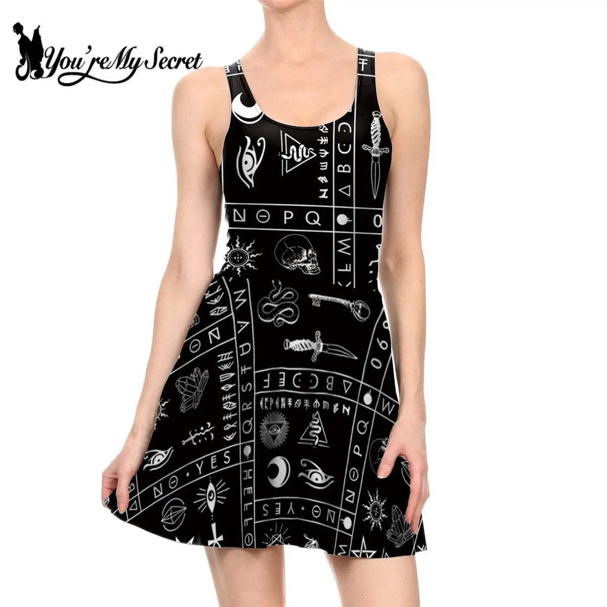 [You're My Secret] NEW Arrival Gothic Dresses Ouija Board Black Dress Witchy Pattern Knee-Length Pleated Woman Clothing Summer