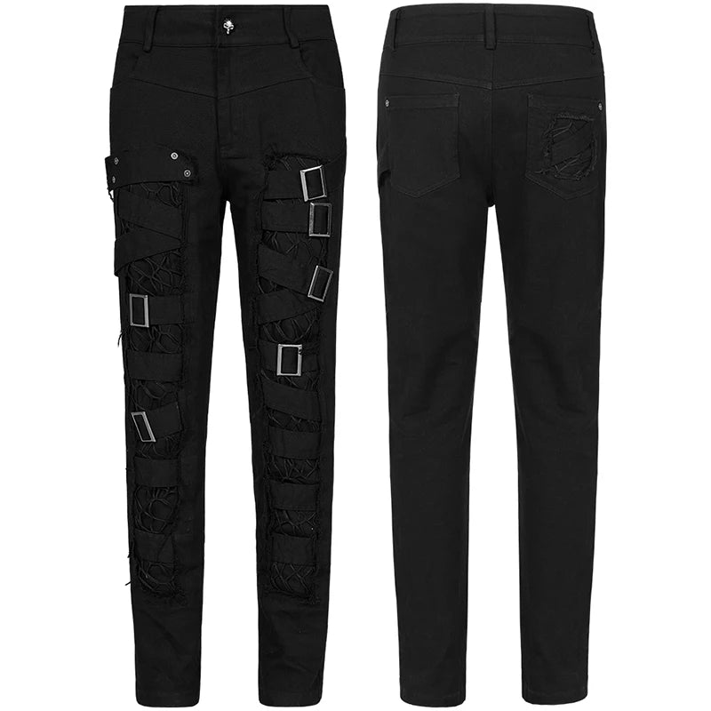 PUNK RAVE Men's Punk Slim Fit Decadent Trousers Handsome Tattered Cotton Gothic Daily Twill Woven Casual Pencil Pants Streetwear