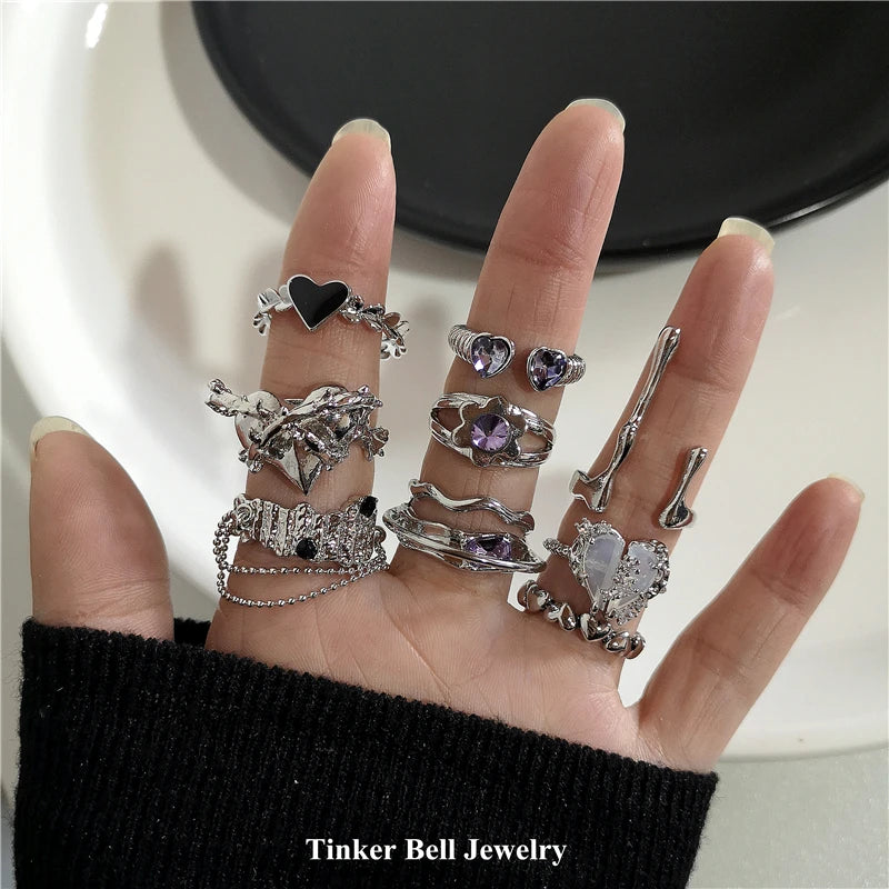 Punk Gothic Cool Geometry Silver Color Heart Flower Metal Opened Adjustable Ring For Women Men Girl Bff Party Grunge Y2k Jewelry