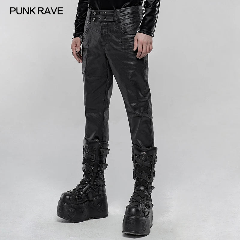 PUNK RAVE Men's Punk Imitation Leather Handsome Pants Daily Casual Zipper Bag Decoration Men Fashion Pencil Trousers Street Wear