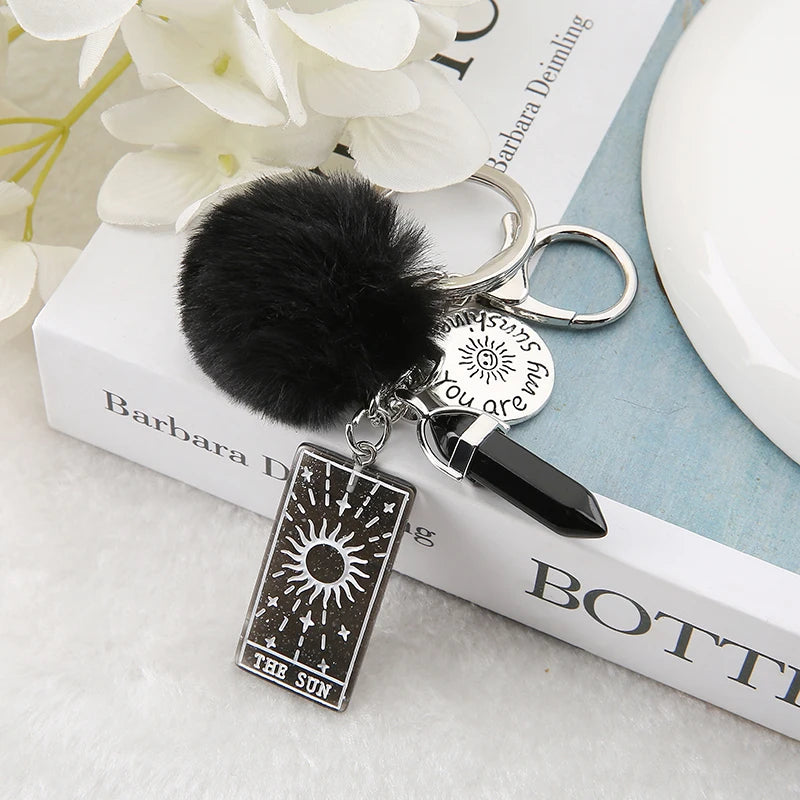 1PC Keyring Tarot Card Sun Resin With Puffer Ball And Quartz Stone - Perfect Gift