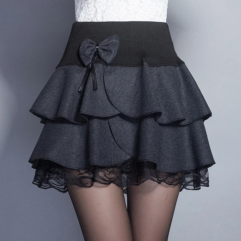 Summer High Street Rhinestone Black Skirt - Women's Elastic Waist Kawaii Lace High Waist Mini Skirt, High-Quality